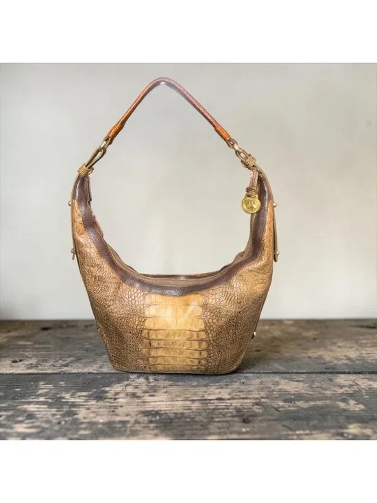 Brahmin Jacana Hobo Brown Ombre Croc Embossed Leather Brass Shoulder Bag + Charm - Picture 1 of 8